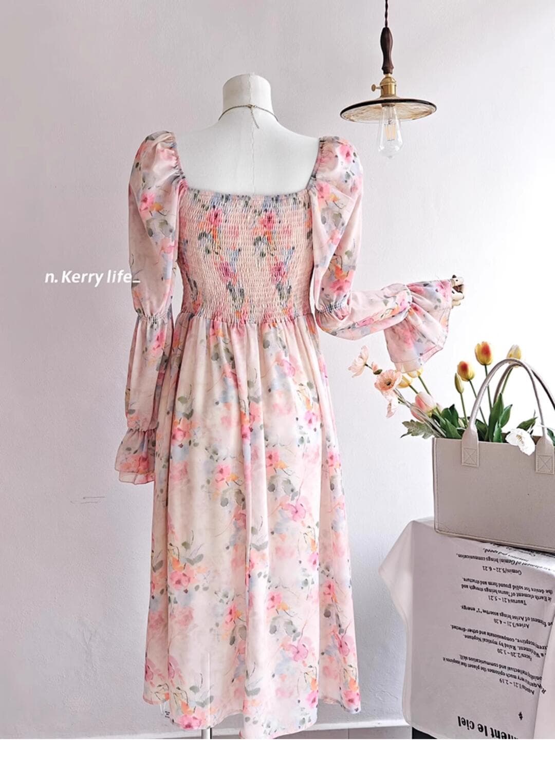 French Floral Ruffled Maxi Dress – Elegant Waist-Cinching Tea Break Dress for Women