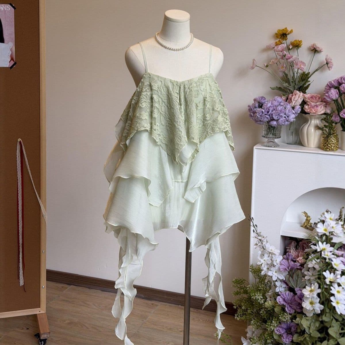 Green Ruffle Lace Chiffon Tube Top for Women