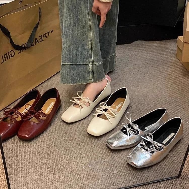French Bow Lace-Up Mary Jane Flats for Women