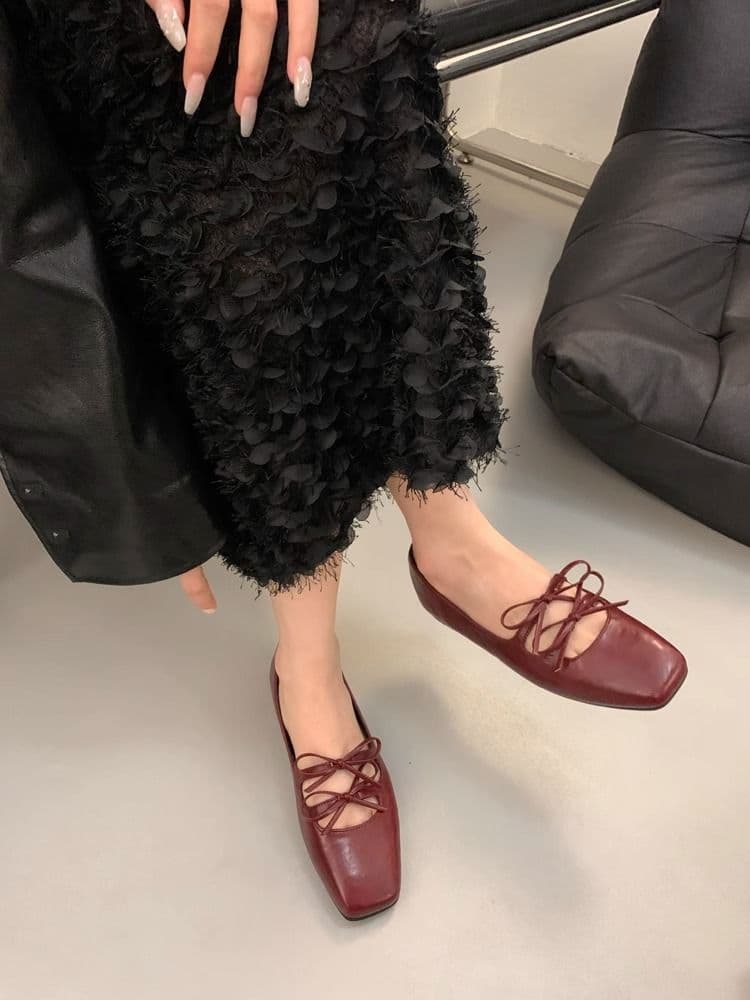 French Bow Lace-Up Mary Jane Flats for Women