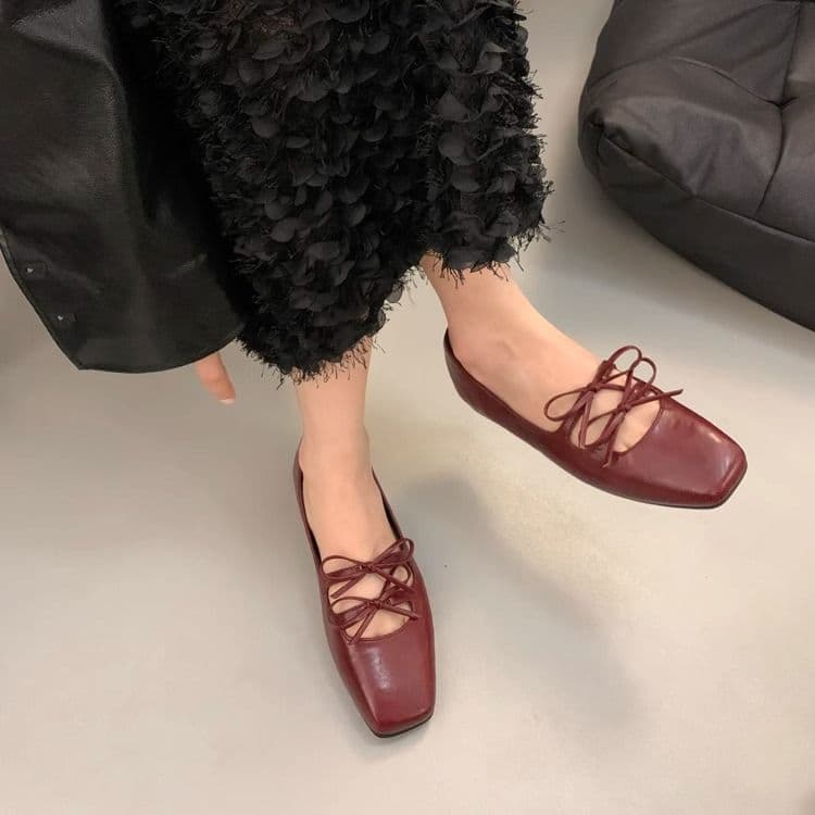 French Bow Lace-Up Mary Jane Flats for Women