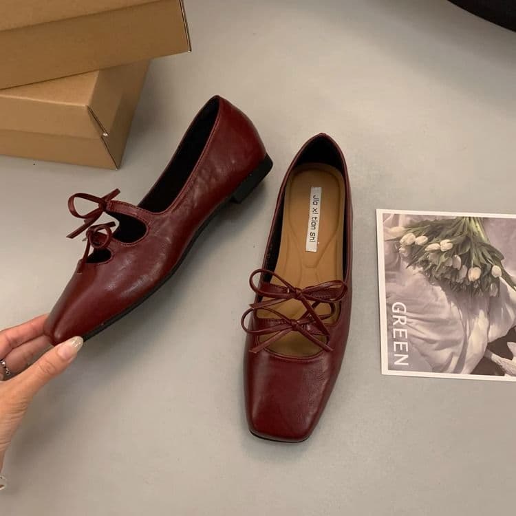 French Bow Lace-Up Mary Jane Flats for Women