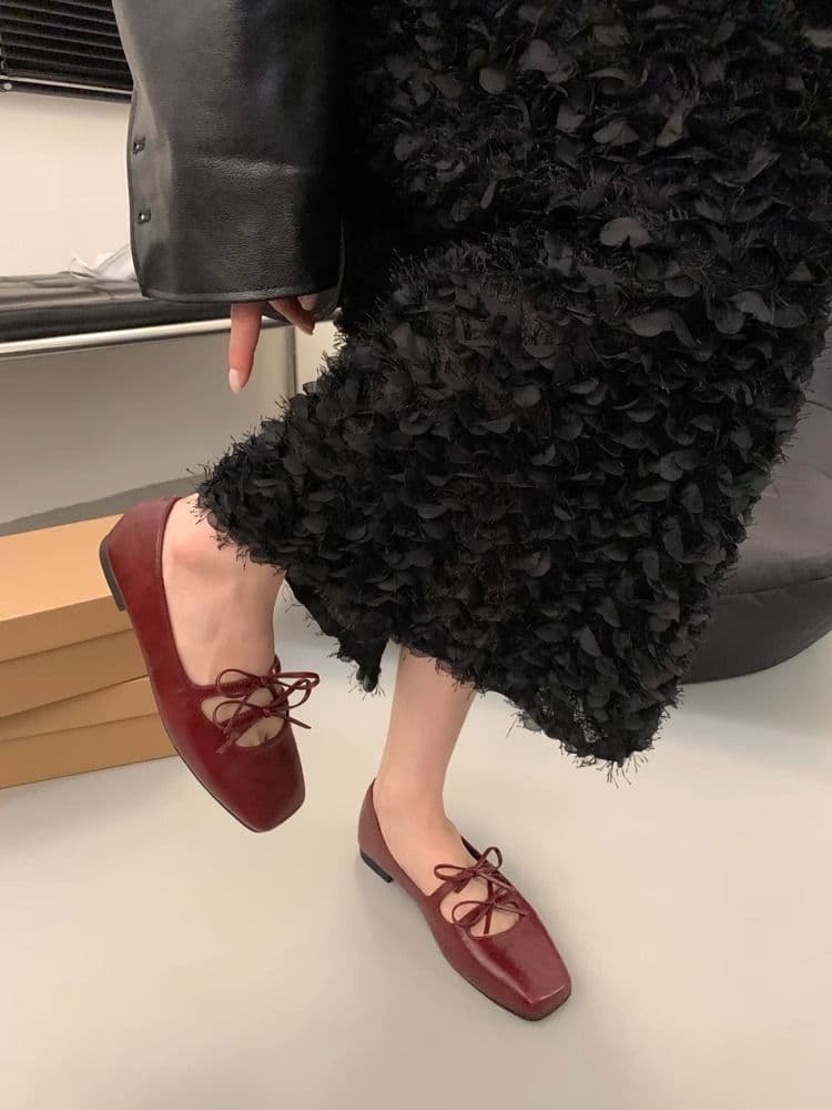 French Bow Lace-Up Mary Jane Flats for Women