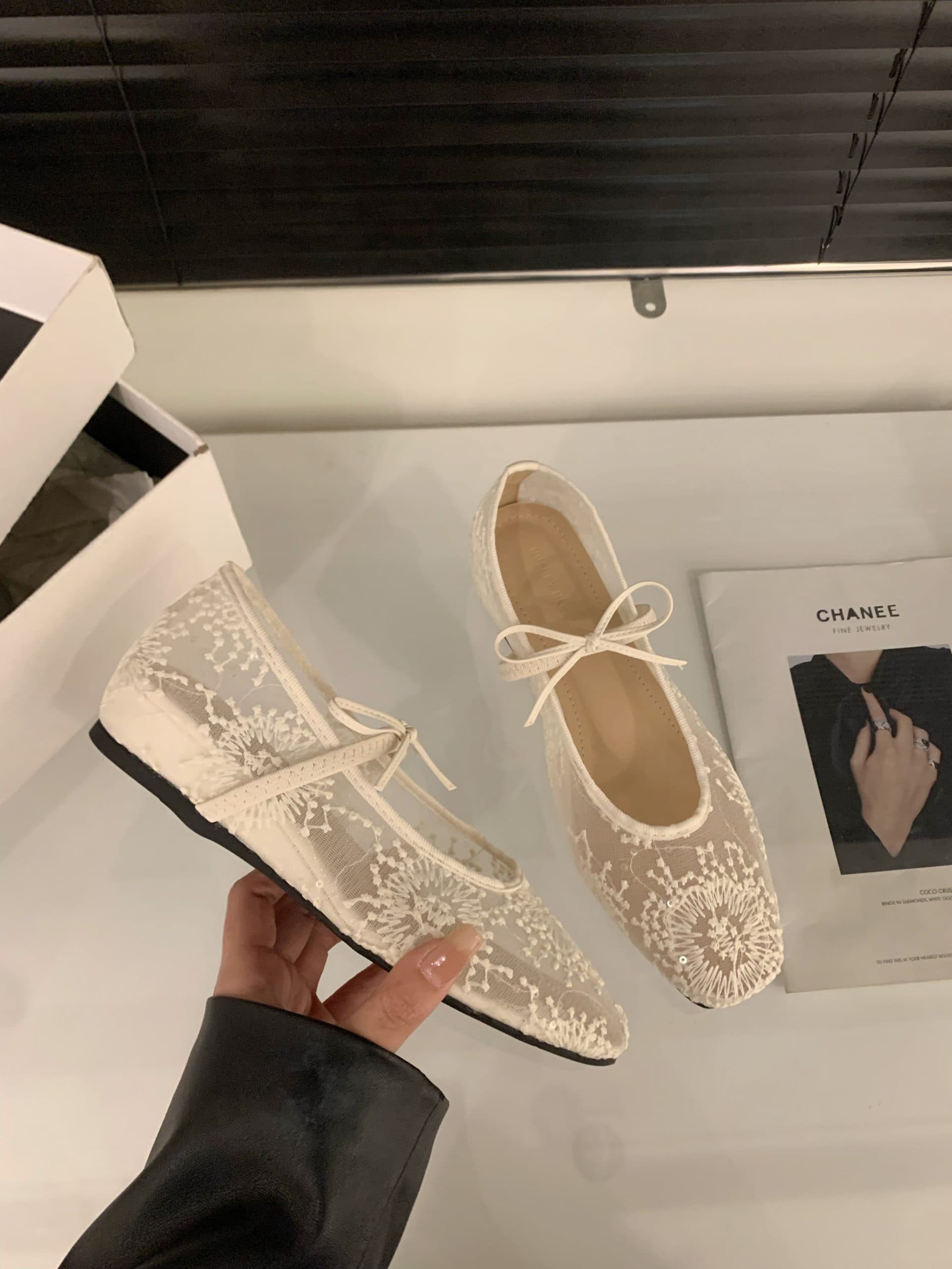 Women’s White Lace Mesh Ballet Flats – Floral Embroidered Tie-Up Shoes