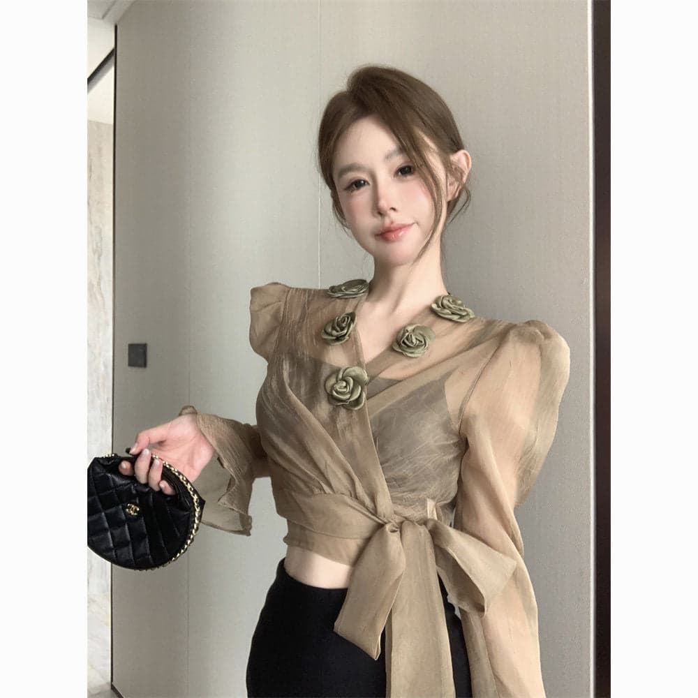 Elegant 3D Floral Blouse – French Tie-Waist Sheer Wrap Shirt