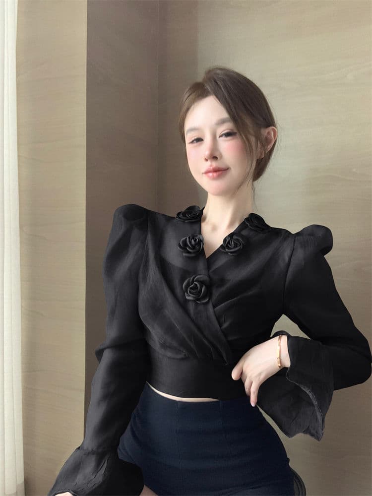 Elegant 3D Floral Blouse – French Tie-Waist Sheer Wrap Shirt