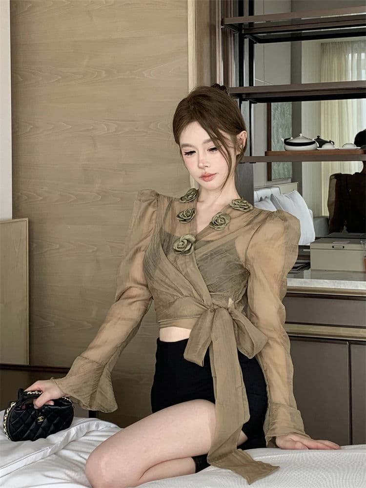 Elegant 3D Floral Blouse – French Tie-Waist Sheer Wrap Shirt