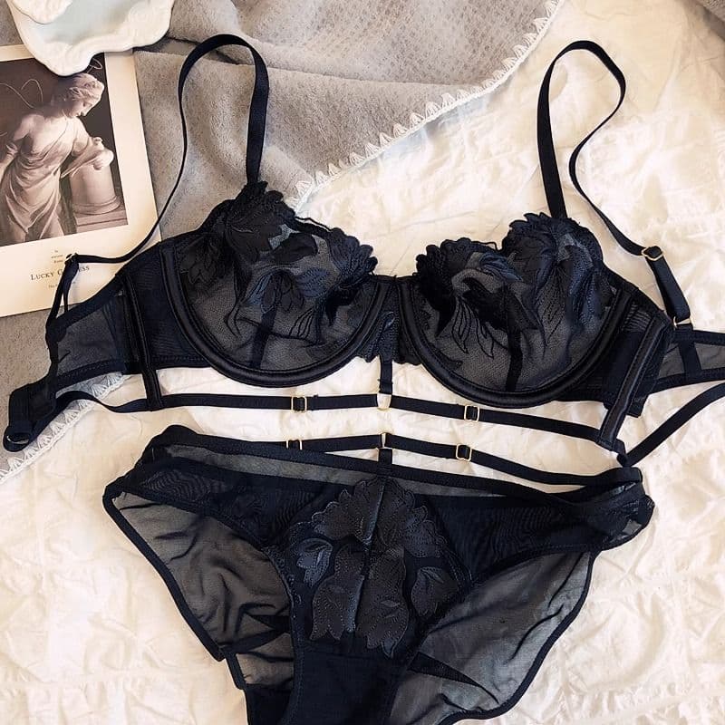 French Embroidered Mesh Lace-Up Ultra-Thin Push-Up Bra Set – Large Bust Minimizing, Soft Underwire