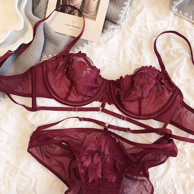 French Embroidered Mesh Lace-Up Ultra-Thin Push-Up Bra Set – Large Bust Minimizing, Soft Underwire