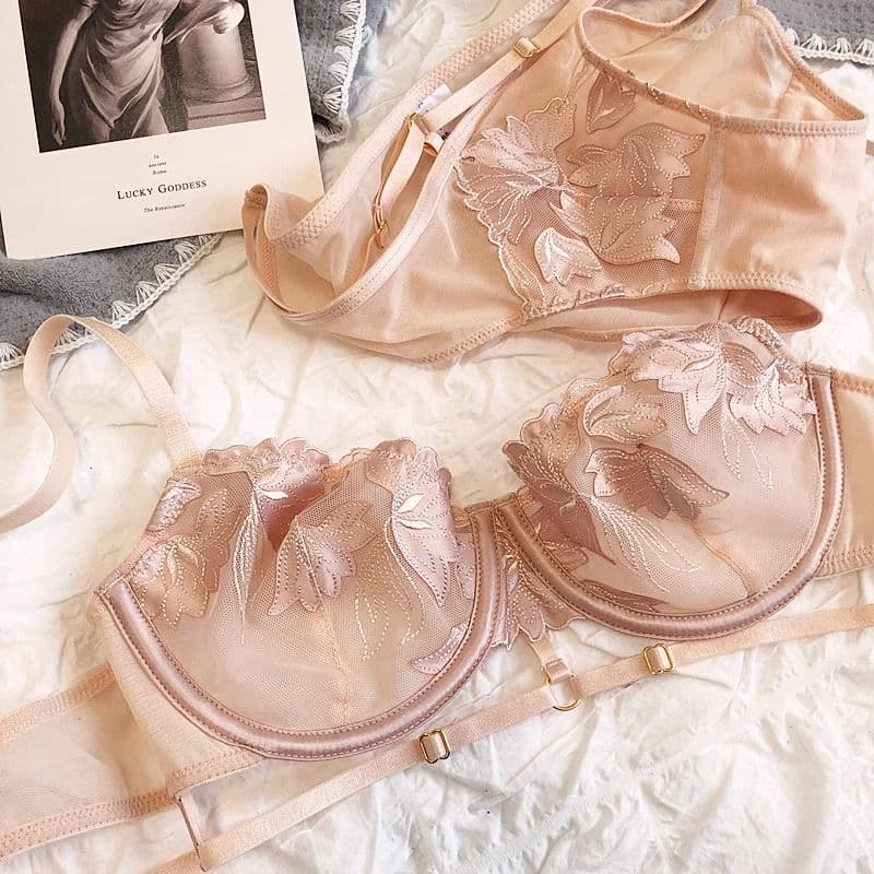 French Embroidered Mesh Lace-Up Ultra-Thin Push-Up Bra Set – Large Bust Minimizing, Soft Underwire