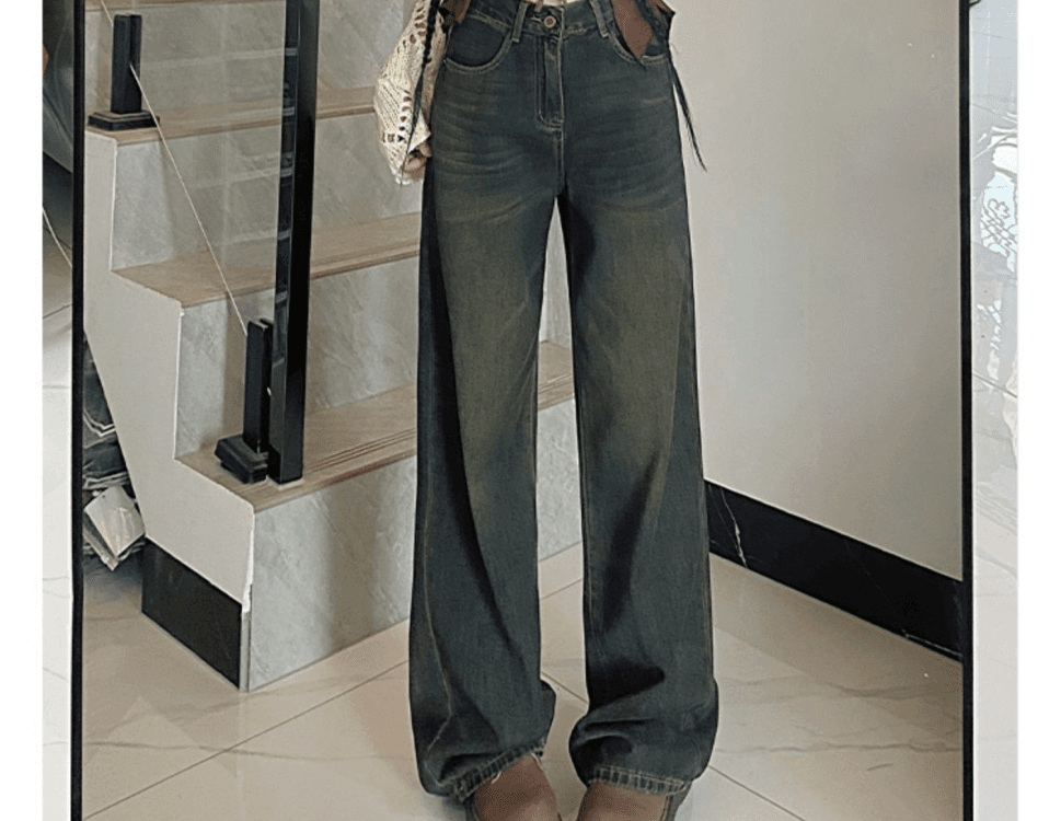 Vintage High-Waist Cement Gray Wide-Leg Floor-Length Jeans