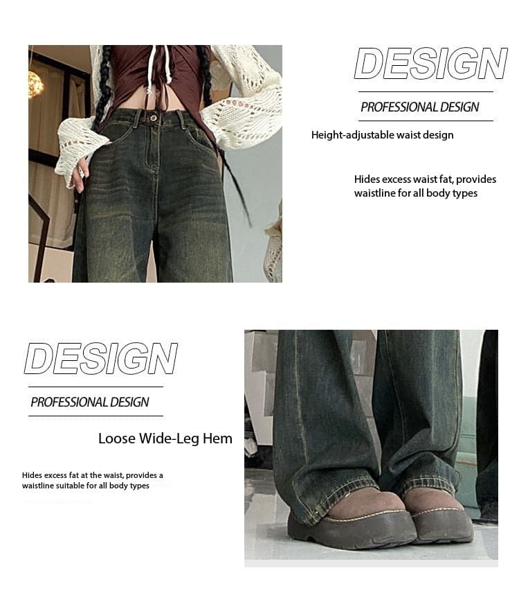 Vintage High-Waist Cement Gray Wide-Leg Floor-Length Jeans