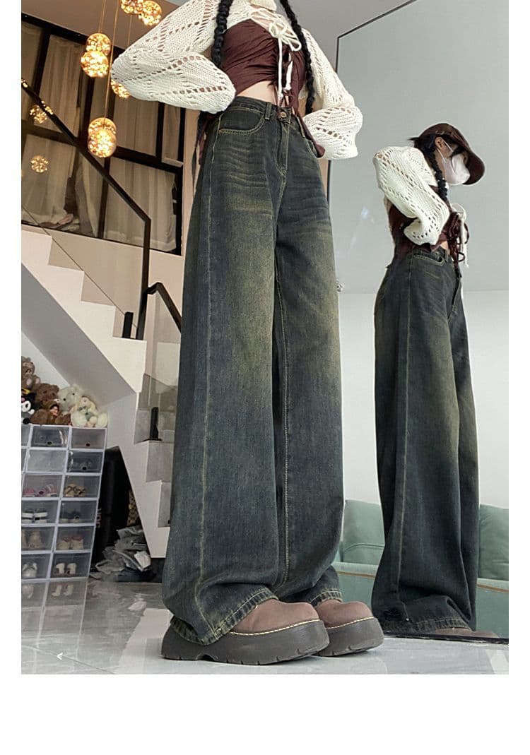 Vintage High-Waist Cement Gray Wide-Leg Floor-Length Jeans