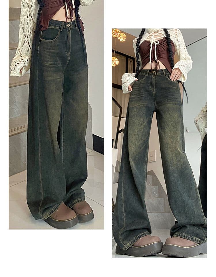 Vintage High-Waist Cement Gray Wide-Leg Floor-Length Jeans