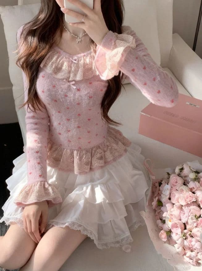 Pink Heart Lace Velvet Fitted Waist Base Top