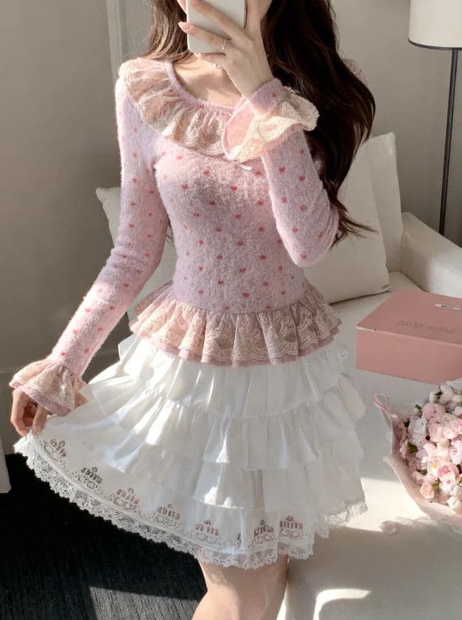 Pink Heart Lace Velvet Fitted Waist Base Top