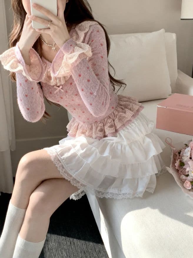Pink Heart Lace Velvet Fitted Waist Base Top