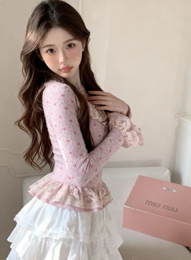 Pink Heart Lace Velvet Fitted Waist Base Top