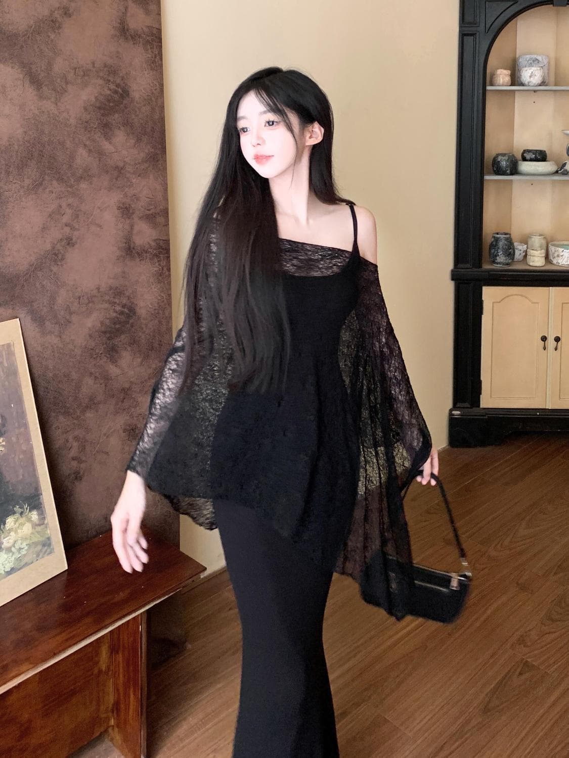 Sweet Spicy Spaghetti Strap Fishtail Dress Set with Lightweight Shawl