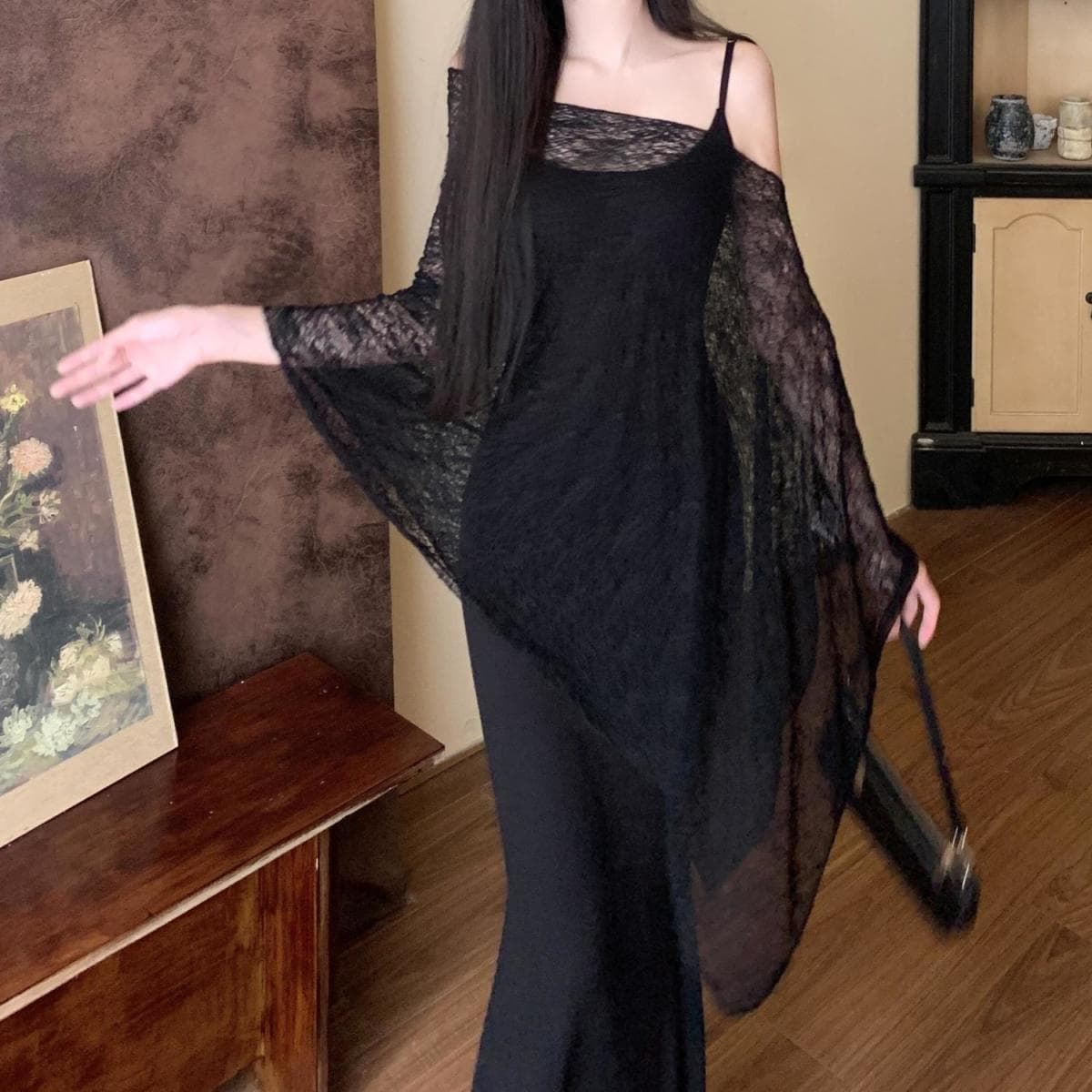 Sweet Spicy Spaghetti Strap Fishtail Dress Set with Lightweight Shawl