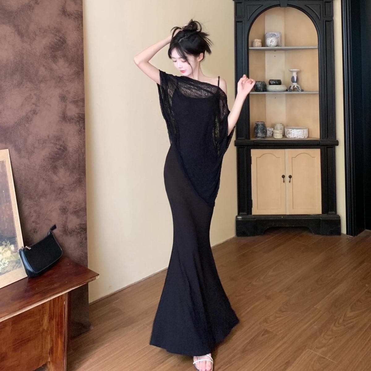 Sweet Spicy Spaghetti Strap Fishtail Dress Set with Lightweight Shawl
