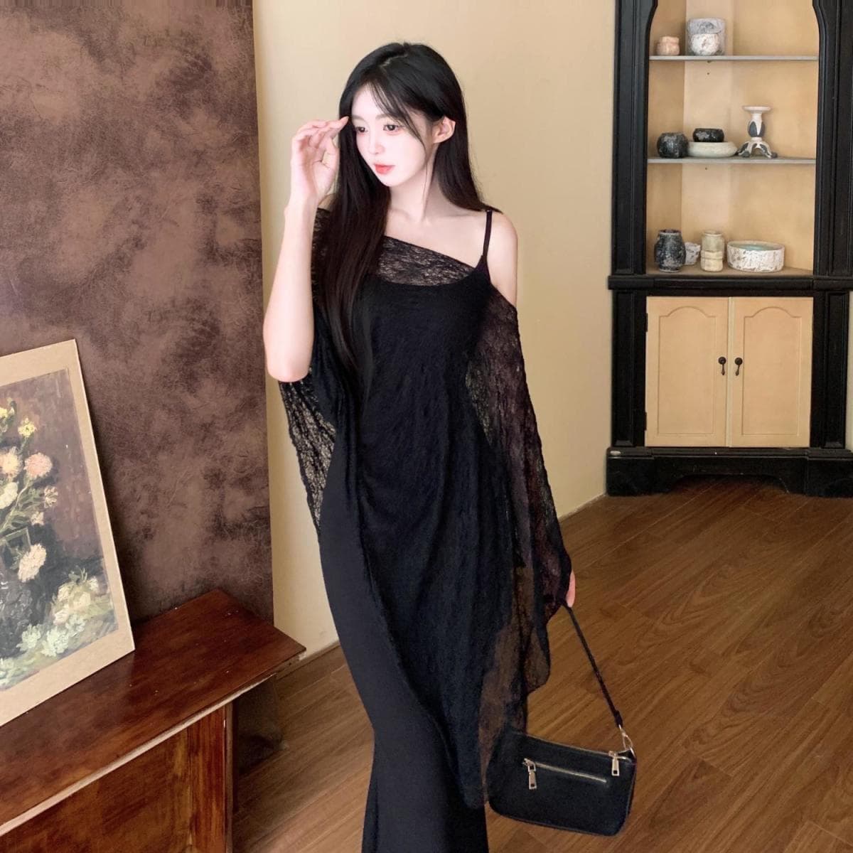 Sweet Spicy Spaghetti Strap Fishtail Dress Set with Lightweight Shawl