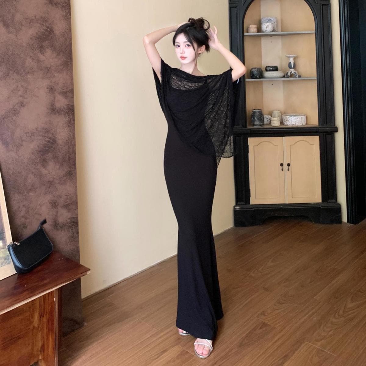 Sweet Spicy Spaghetti Strap Fishtail Dress Set with Lightweight Shawl
