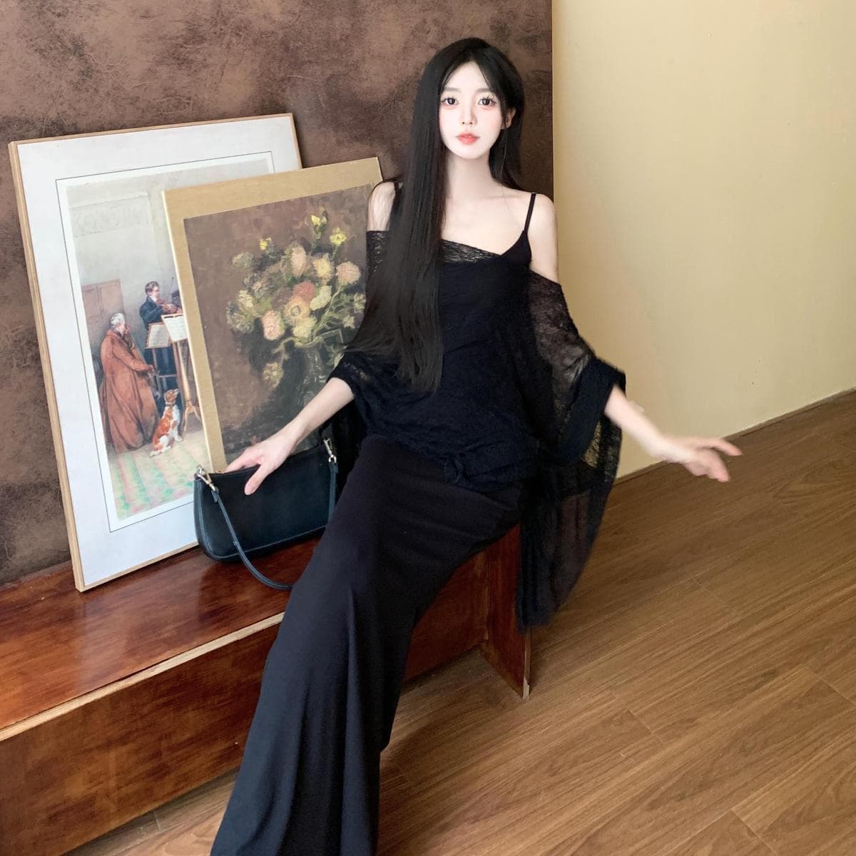 Sweet Spicy Spaghetti Strap Fishtail Dress Set with Lightweight Shawl