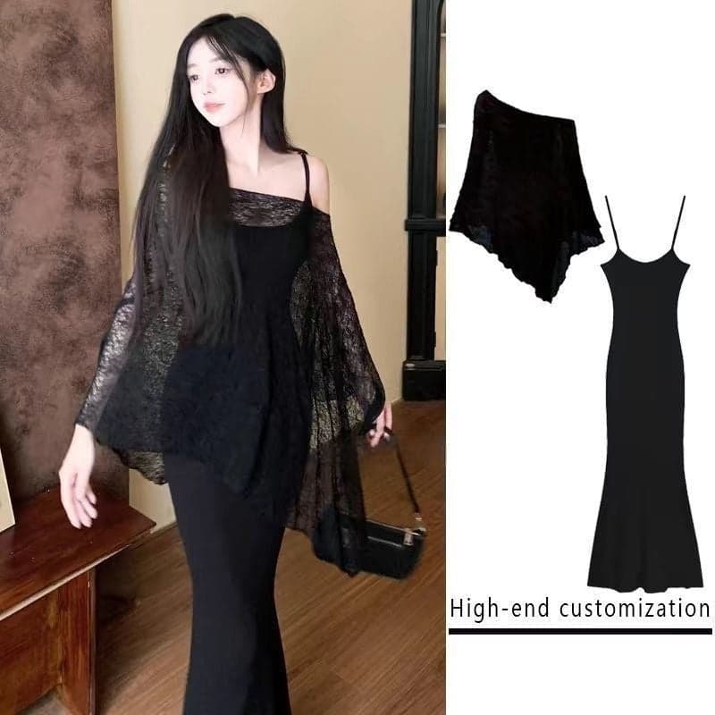 Sweet Spicy Spaghetti Strap Fishtail Dress Set with Lightweight Shawl