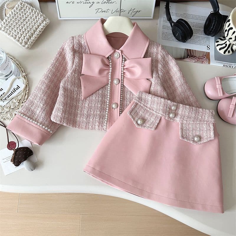 Elegant tweed jacket and leather skirt two piece set korean chic outfit