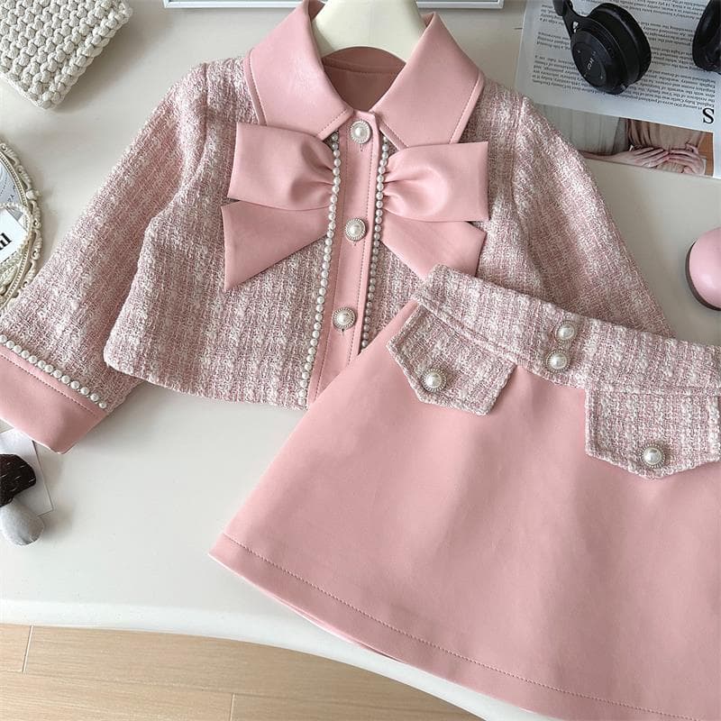 Elegant tweed jacket and leather skirt two piece set korean chic outfit