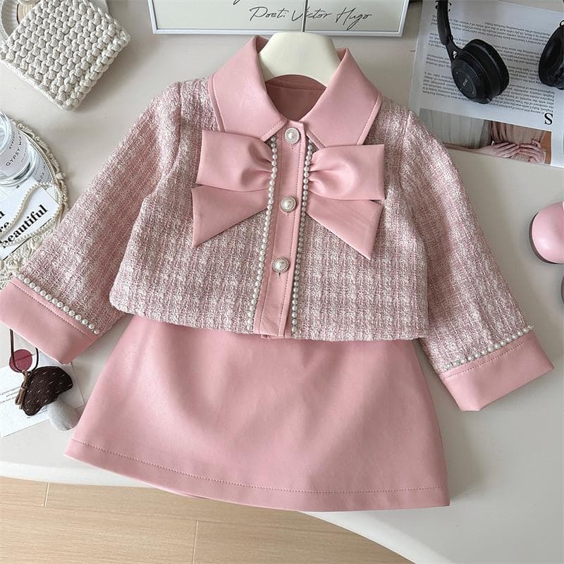 Elegant tweed jacket and leather skirt two piece set korean chic outfit