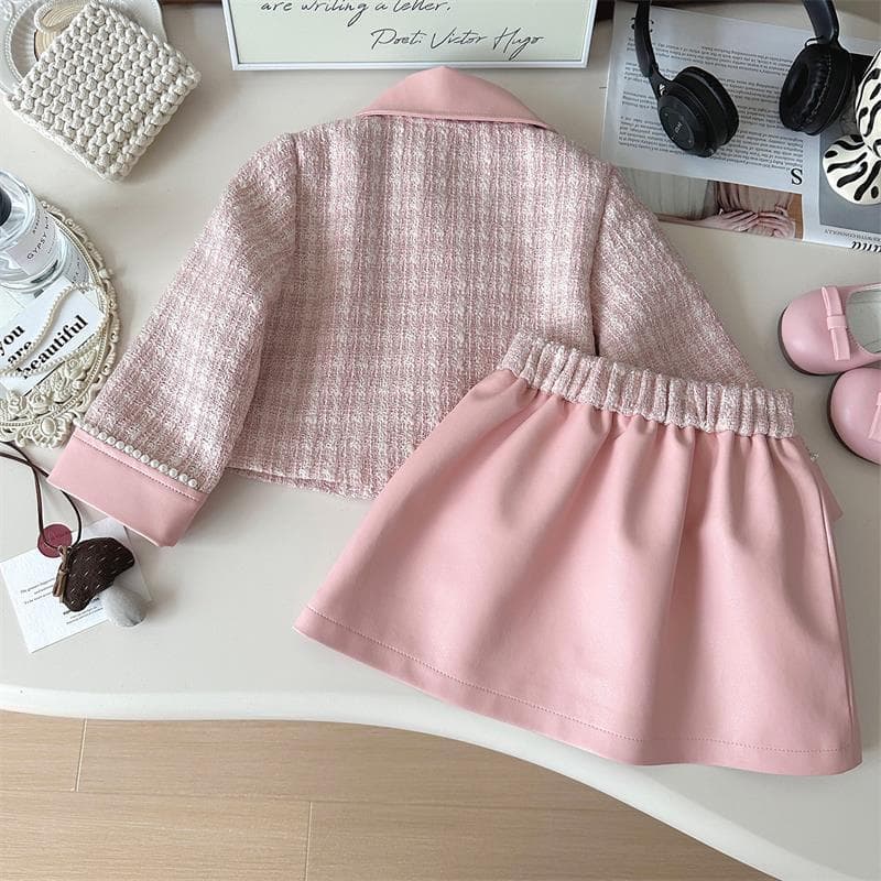 Elegant tweed jacket and leather skirt two piece set korean chic outfit