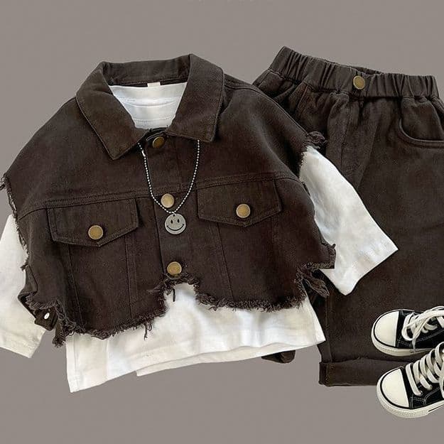 Boys stylish three piece set vest jacket and casual pants outfit
