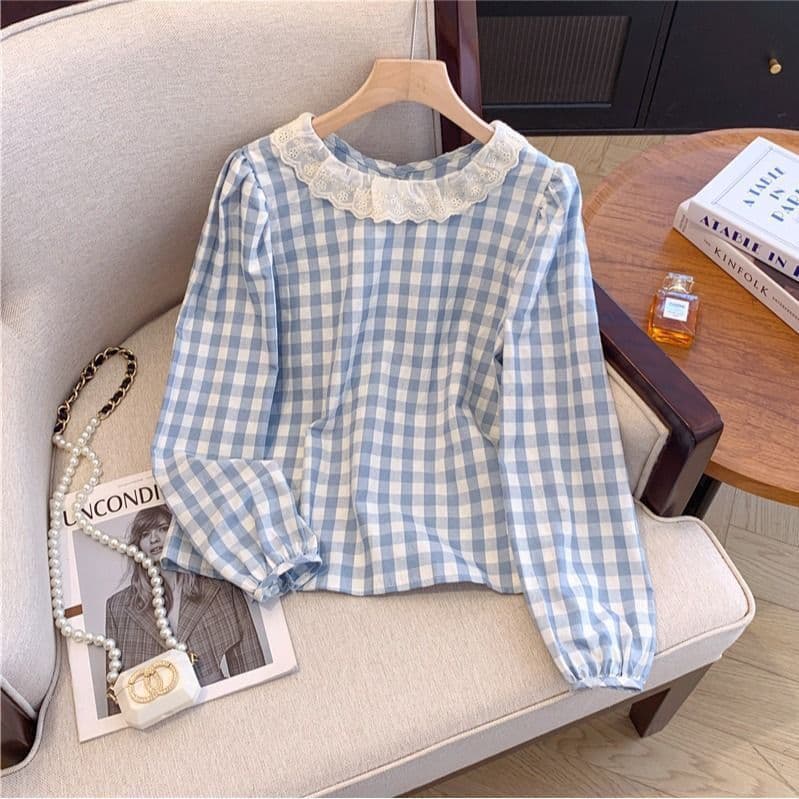 Women’s French Lace Plaid Long Sleeve Blouse