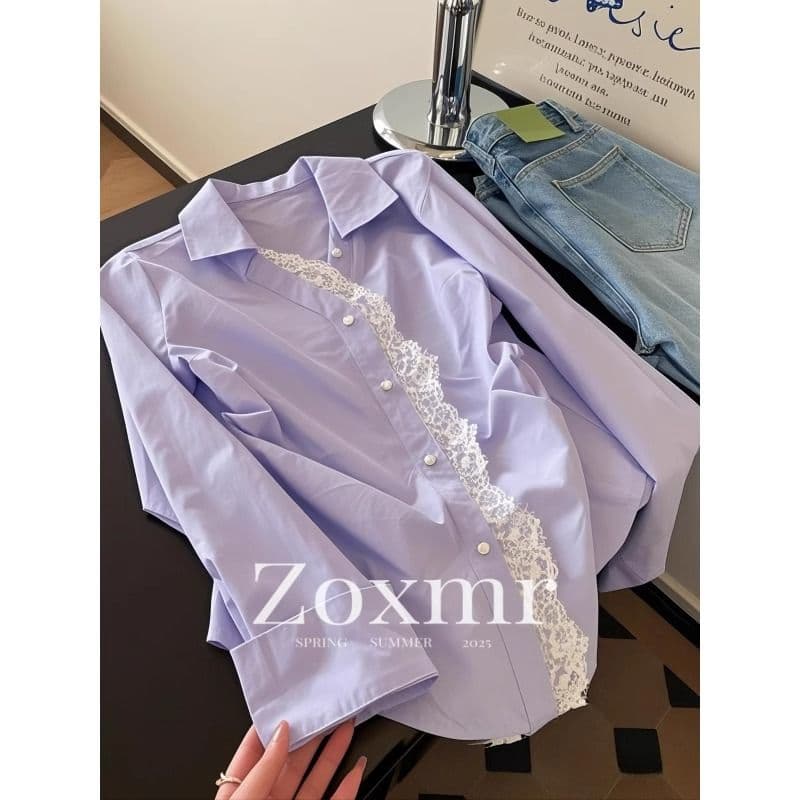 Women’s French Purple Lace Patchwork Polo Blouse