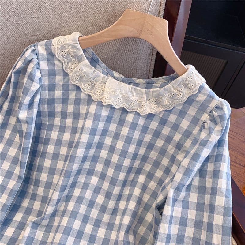 Women’s French Lace Plaid Long Sleeve Blouse