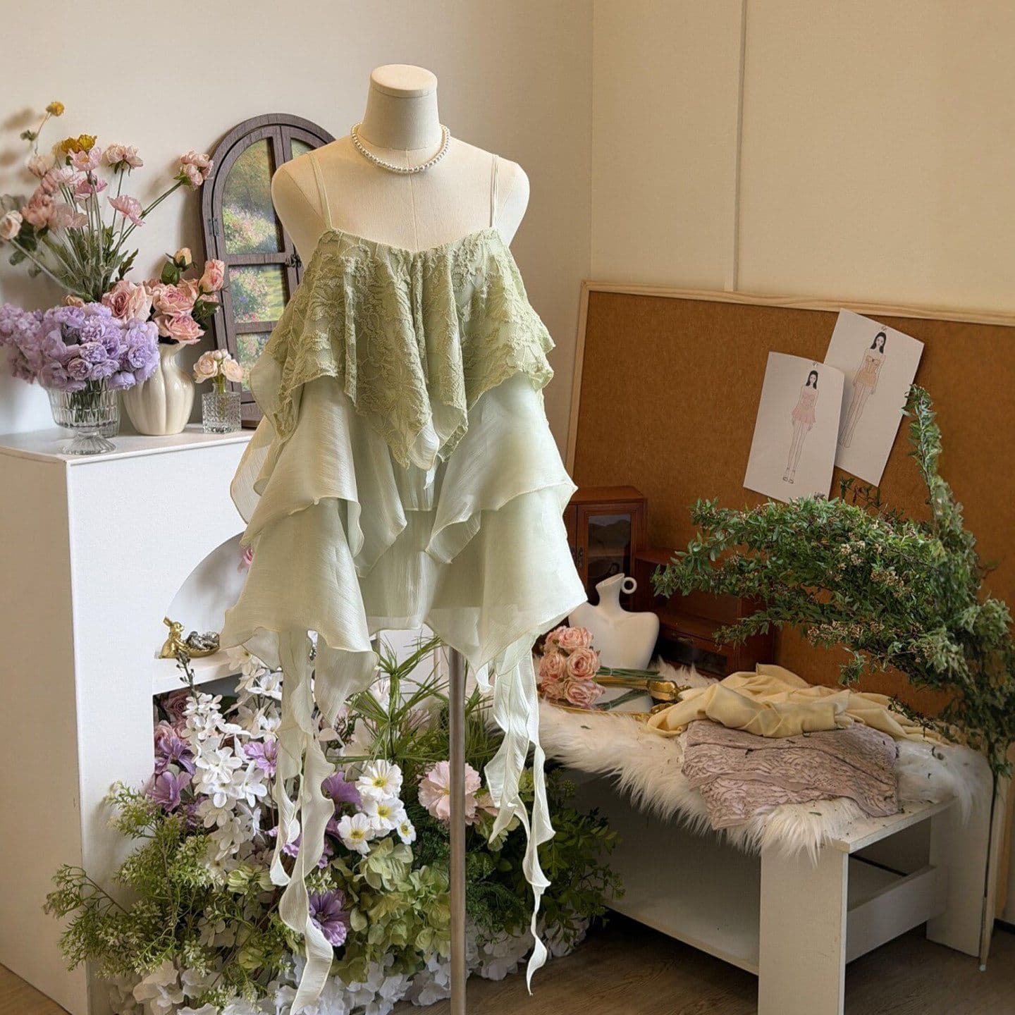 Green Ruffle Lace Chiffon Tube Top for Women