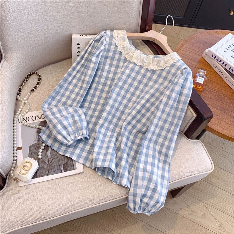 Women’s French Lace Plaid Long Sleeve Blouse