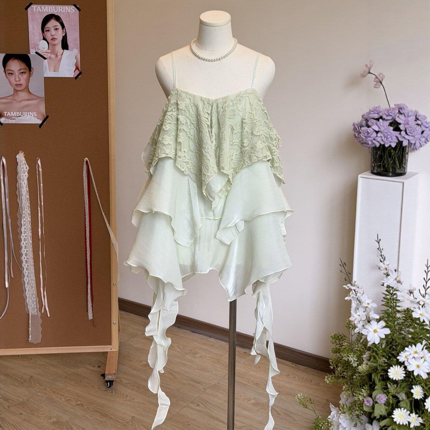 Green Ruffle Lace Chiffon Tube Top for Women