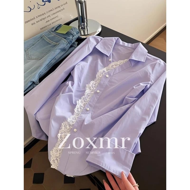 Women’s French Purple Lace Patchwork Polo Blouse