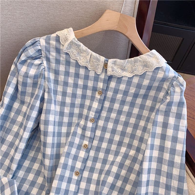 Women’s French Lace Plaid Long Sleeve Blouse