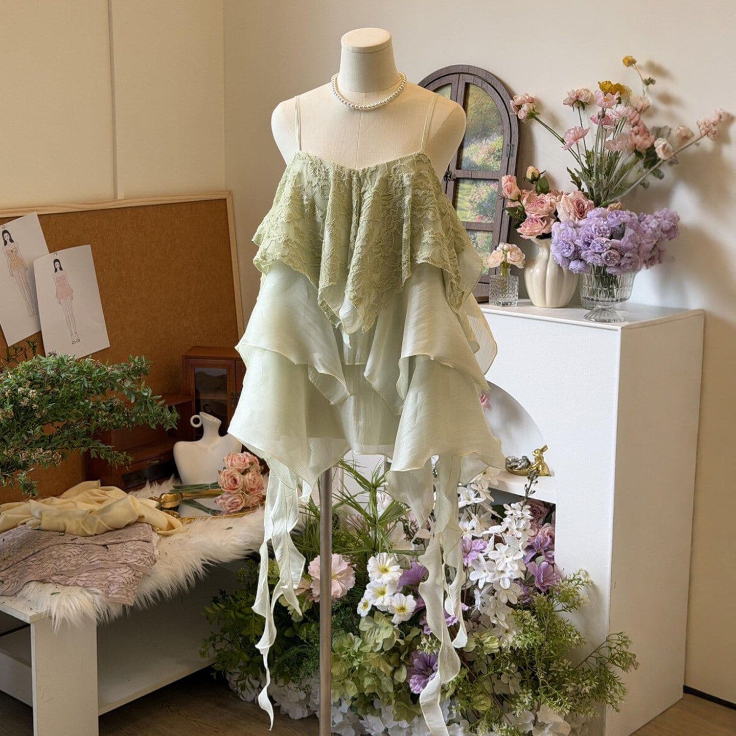 Green Ruffle Lace Chiffon Tube Top for Women