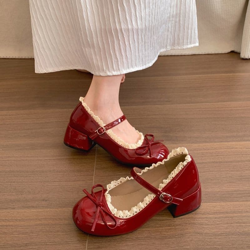 Red French Ballet Mary Jane Chunky Heels