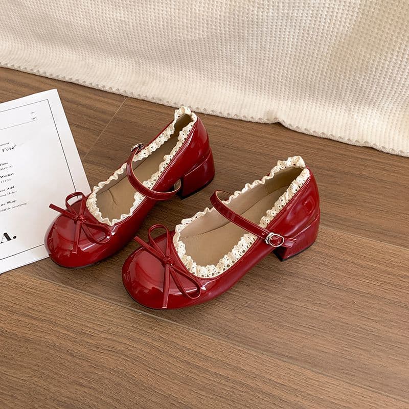 Red French Ballet Mary Jane Chunky Heels