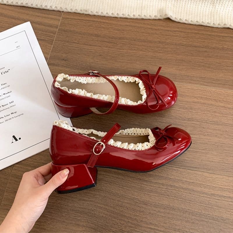 Red French Ballet Mary Jane Chunky Heels