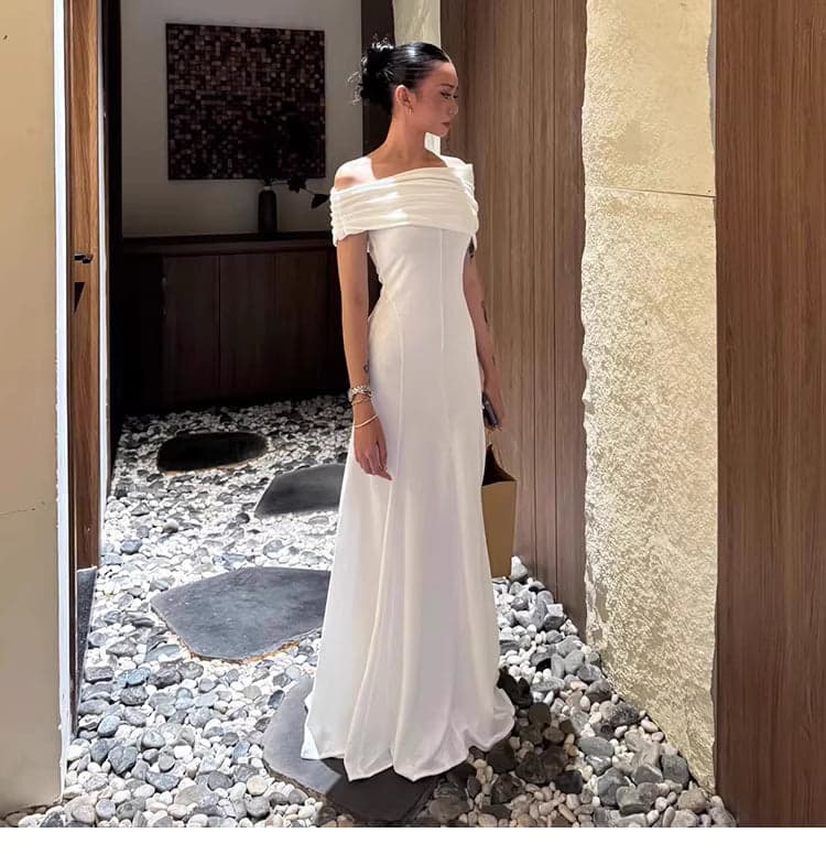 Women’s Color-Block Pleated Off-Shoulder Maxi Dress