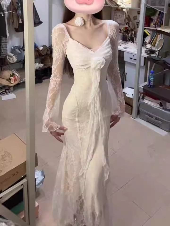 Women’s V-Neck Lace Patchwork Floral Long Sleeve Dress
