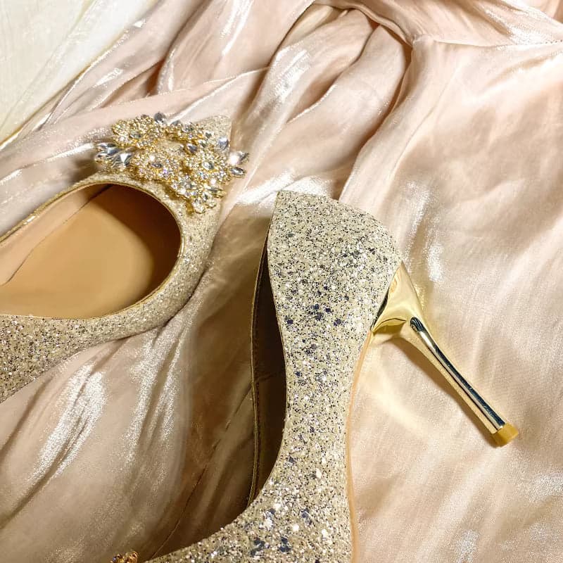 Champagne Crystal Bridal High Heels – Dual Wear Wedding Shoes & Gown, Comfortable Rhinestone Pumps