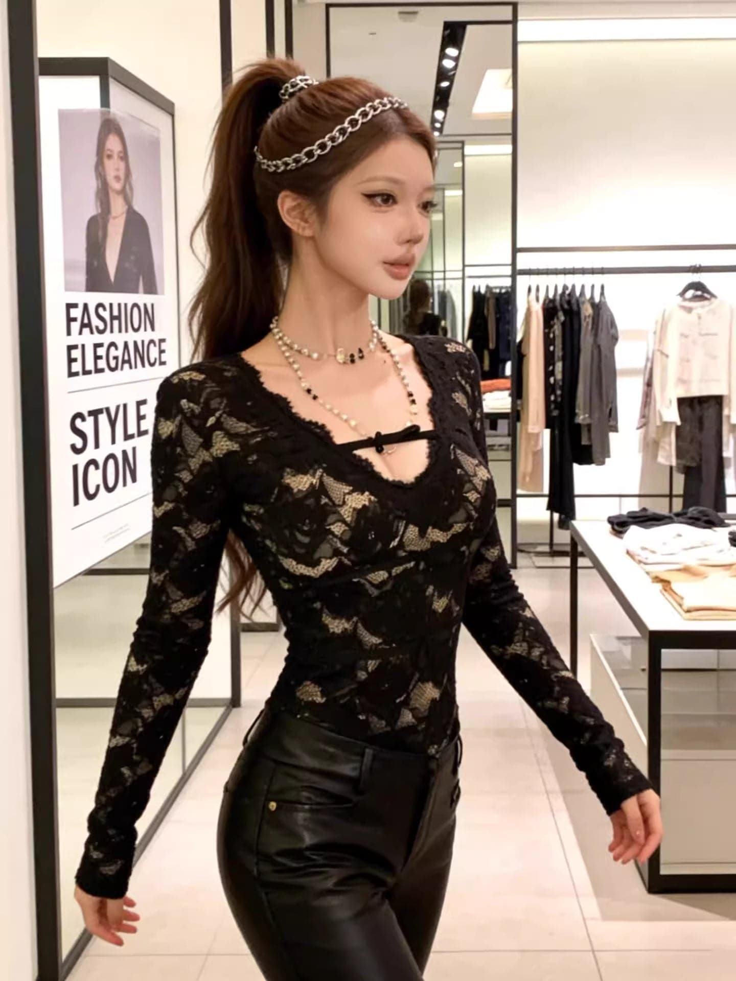 Women’s Slim Fit Lace V-Neck Pullover Top – 2026 Winter Long Sleeve Elegant Base Layer Shirt